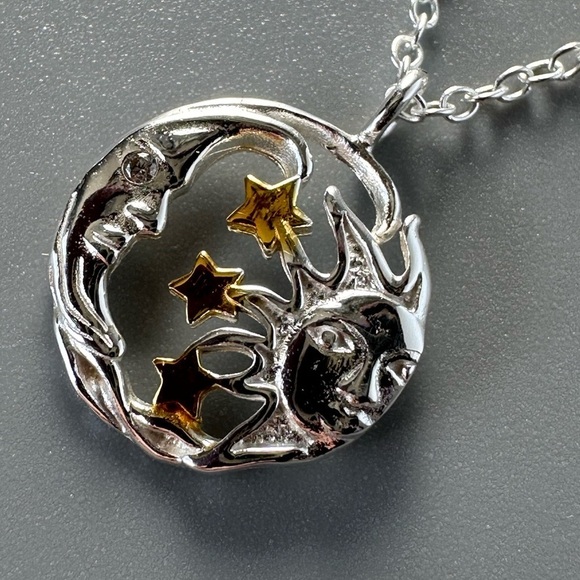 Sterling Silver Two Tone Moon and Stars Celestial Necklace - Picture 4 of 10